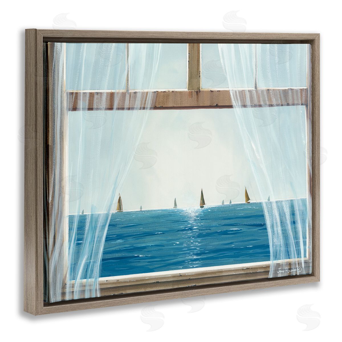 John Rossini Serene Beach House Window View Sailboats Ocean Brown Floating Frame Canvas Wall Art Print