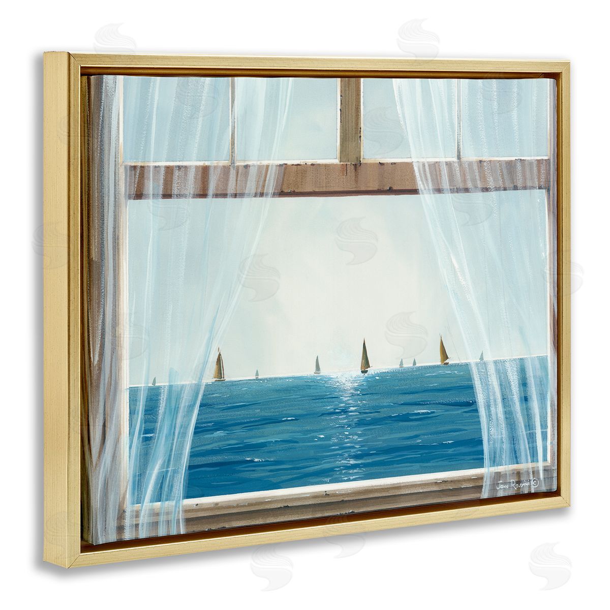 John Rossini Serene Beach House Window View Sailboats Ocean Gold Floating Frame Canvas Wall Art Print