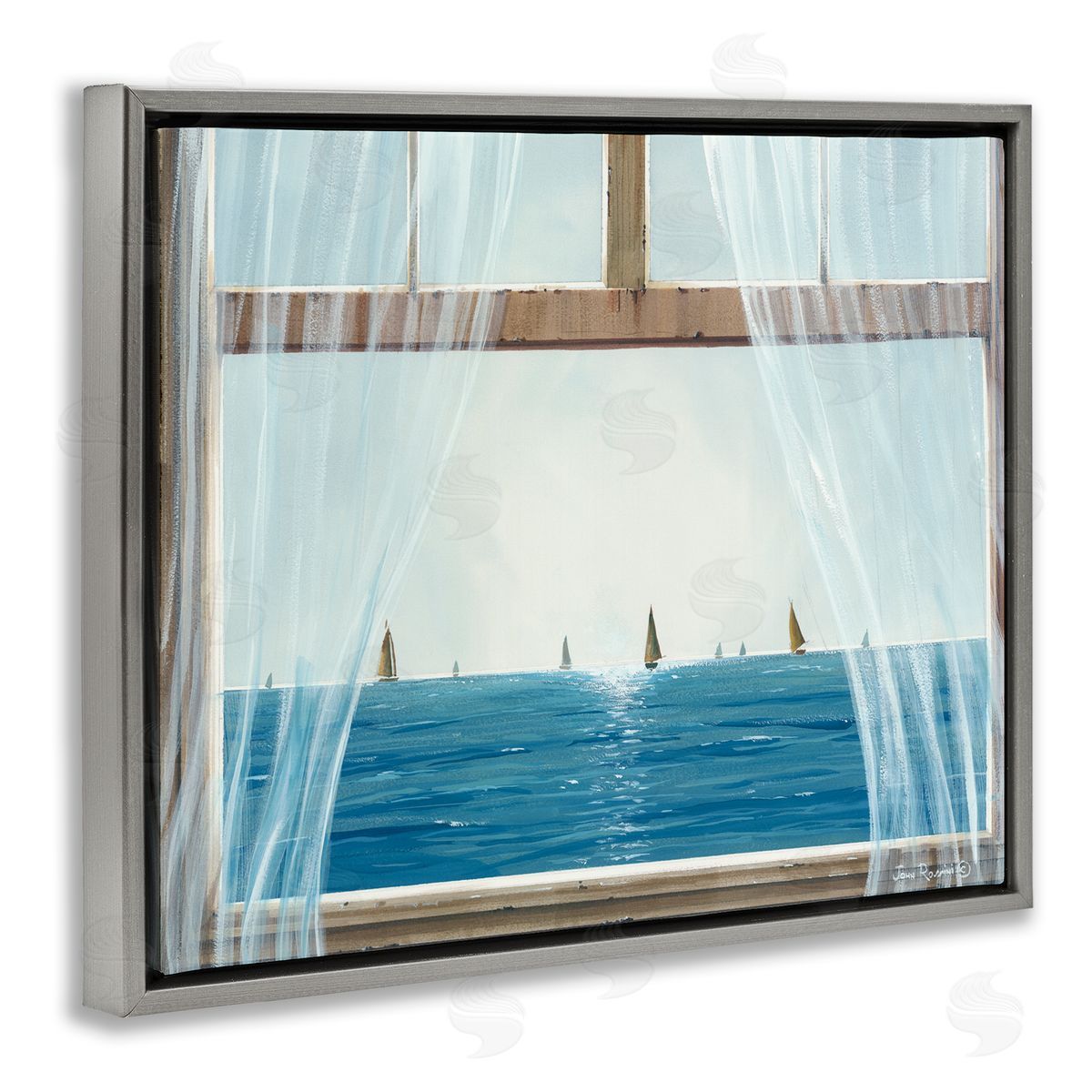 John Rossini Serene Beach House Window View Sailboats Ocean Gray Floating Frame Canvas Wall Art Print