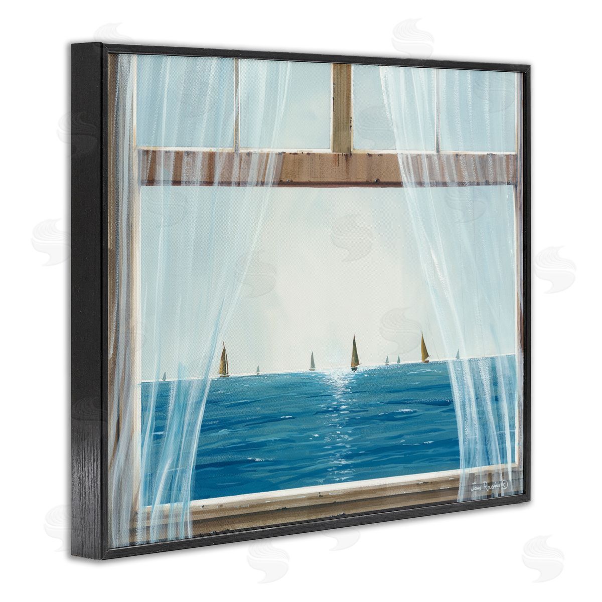 John Rossini Serene Beach House Window View Sailboats Ocean Black Framed Giclee Wall Art Print