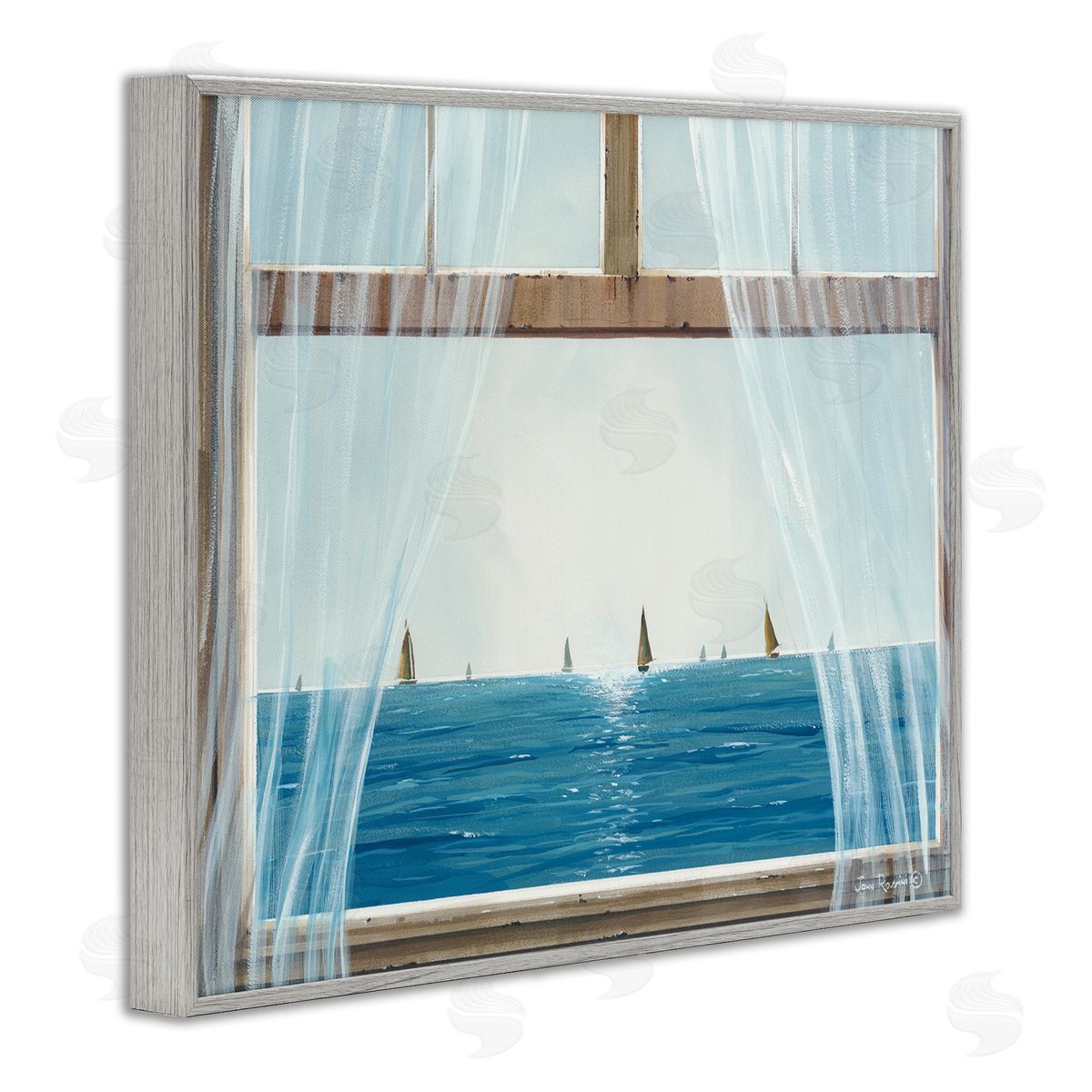 John Rossini Serene Beach House Window View Sailboats Ocean Gray Framed Giclee Wall Art Print