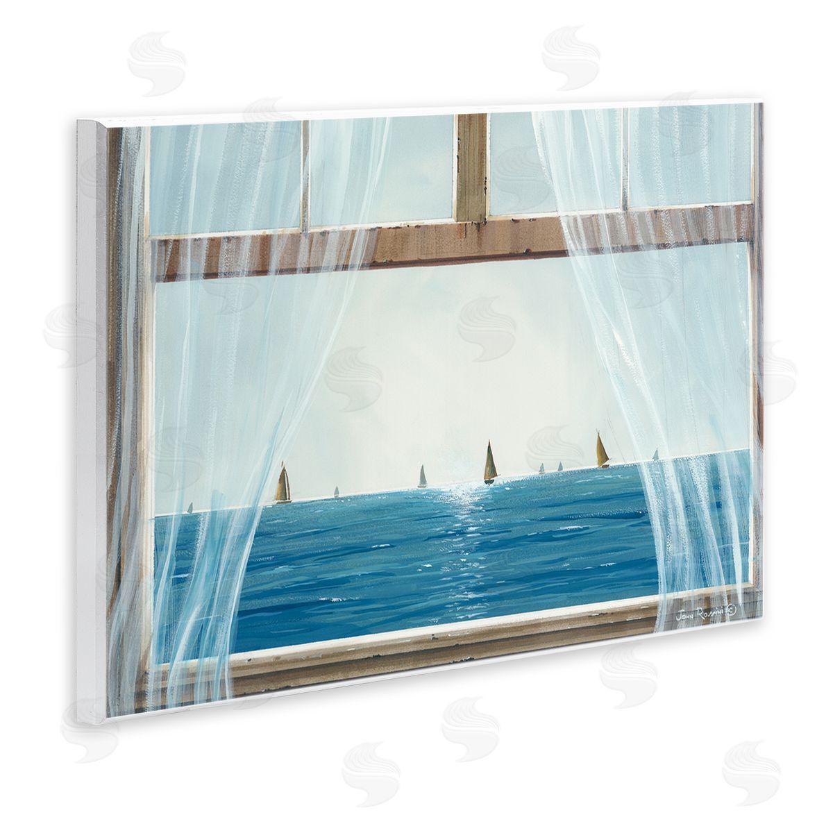 John Rossini Serene Beach House Window View Sailboats Ocean Wall Plaque Art Print