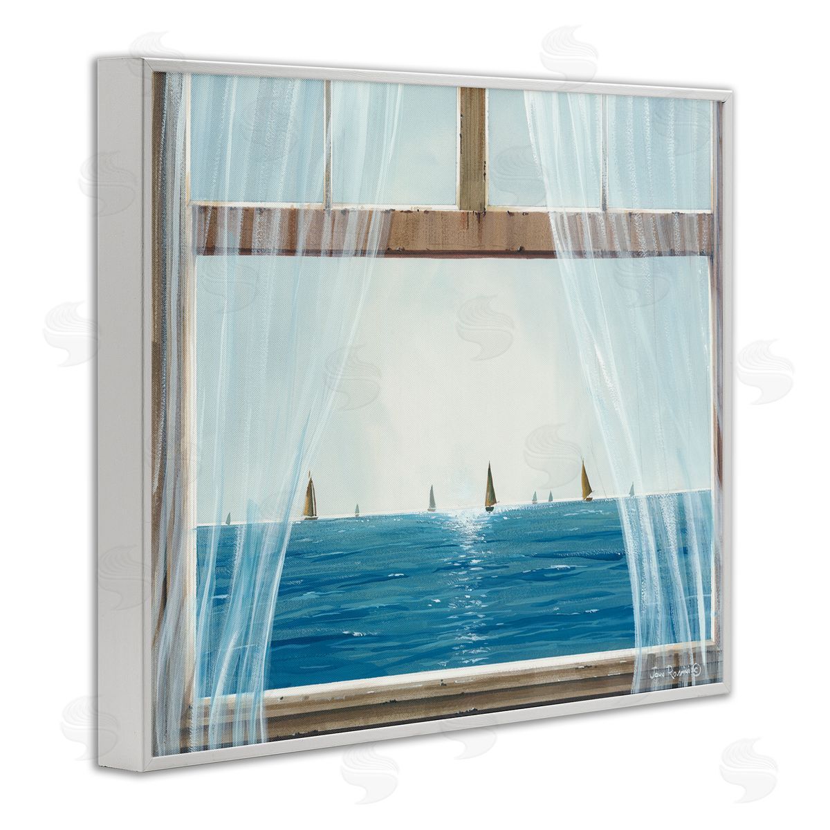 John Rossini Serene Beach House Window View Sailboats Ocean White Framed Giclee Wall Art Print