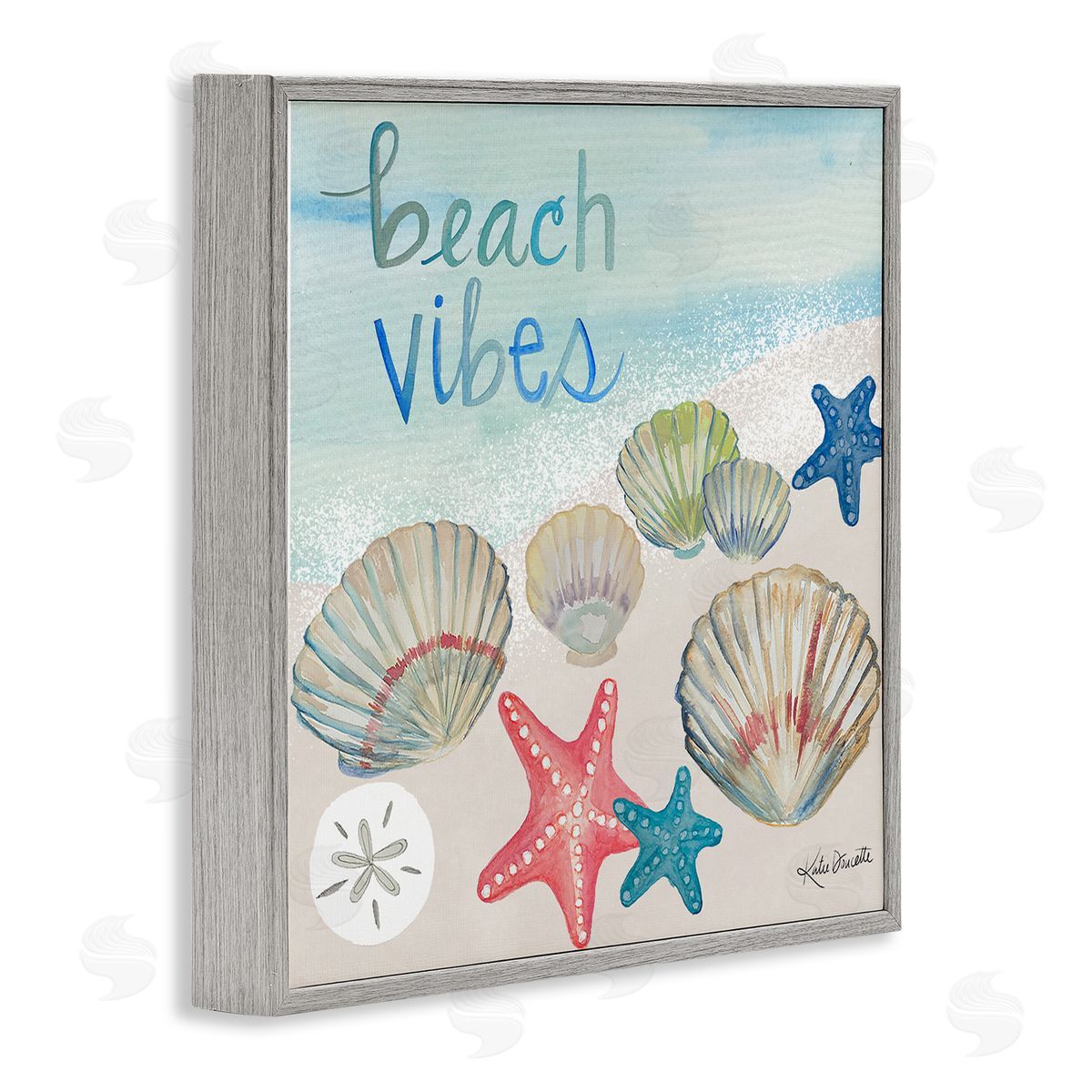 Katie Doucette Beach Vibes Calligraphy Trendy Seashells Starfish Painting  Gray Framed Glicee Wall Art Print