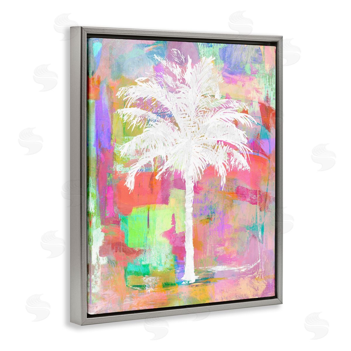 Kristen Drew Bold Blocked Tropical White Palm Tree Gray Floating Frame Canvas Wall Art Print