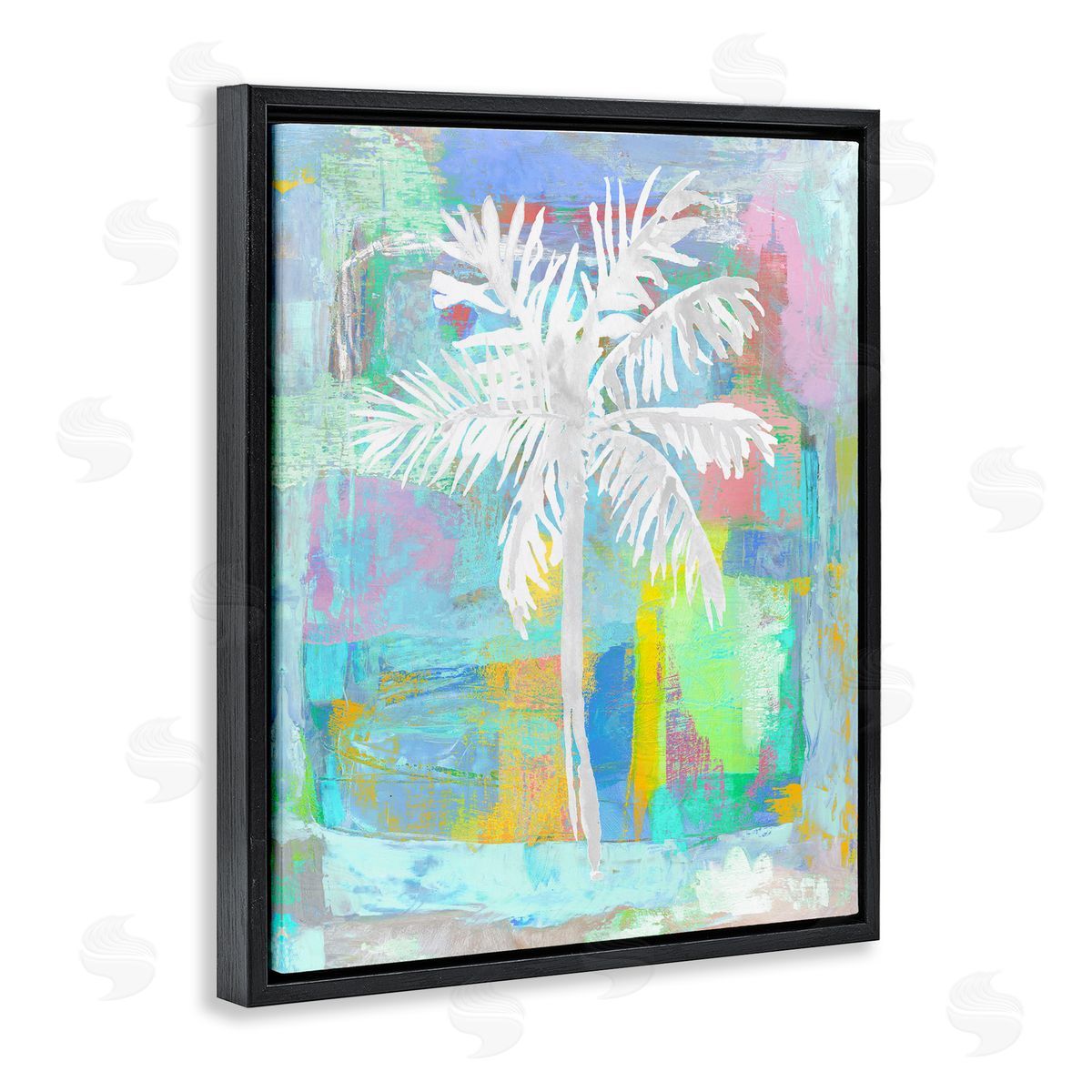 Kristen Drew Tropical White Palm Tree Vivid Brushstrokes Abstract Black Floating Frame Canvas Wall Art Print