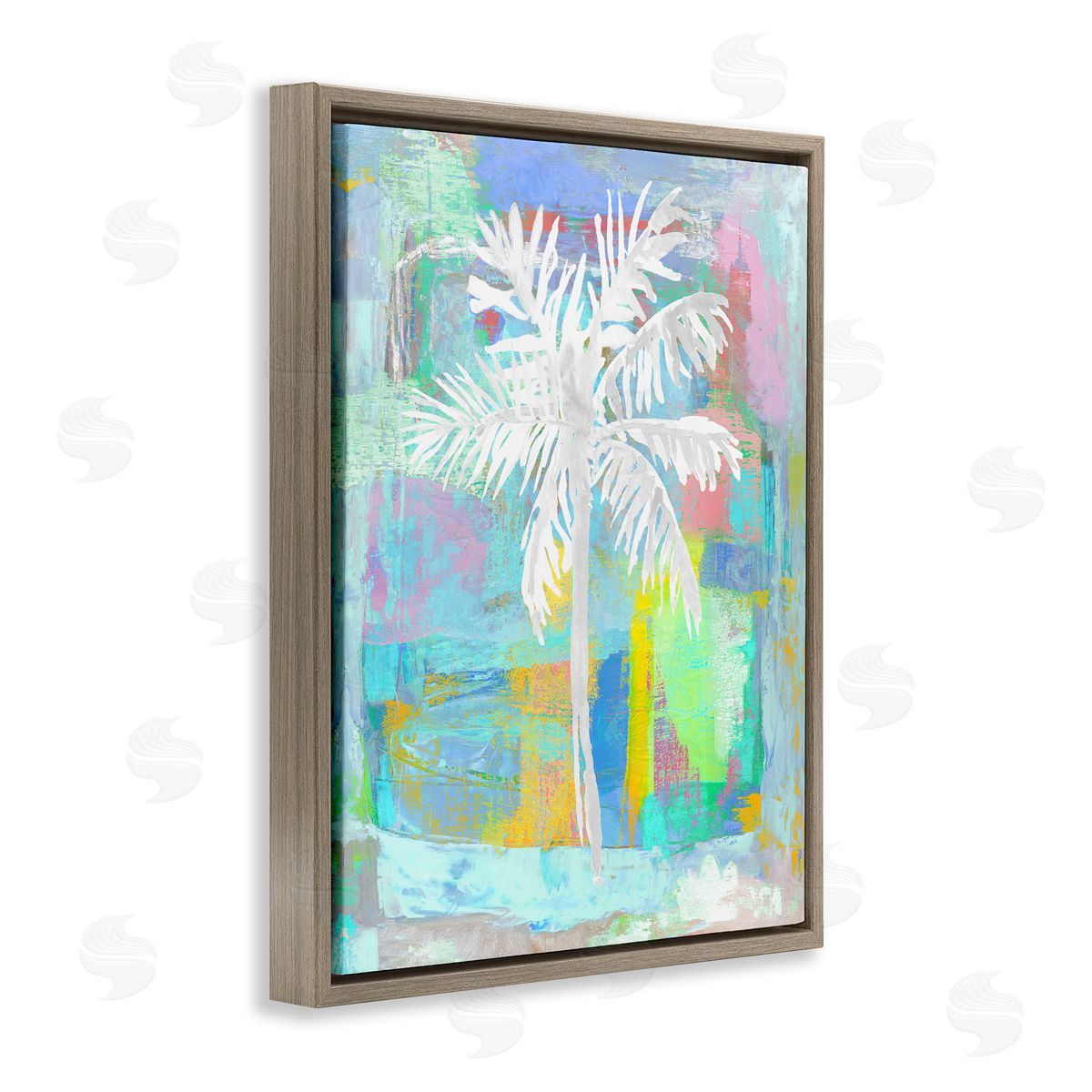 Kristen Drew Tropical White Palm Tree Vivid Brushstrokes Abstract Brown Floating Frame Canvas Wall Art Print