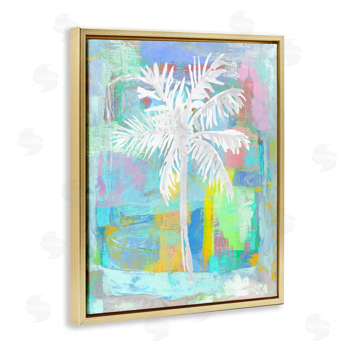 Kristen Drew Tropical White Palm Tree Vivid Brushstrokes Abstract Gold Floating Frame Canvas Wall Art Print