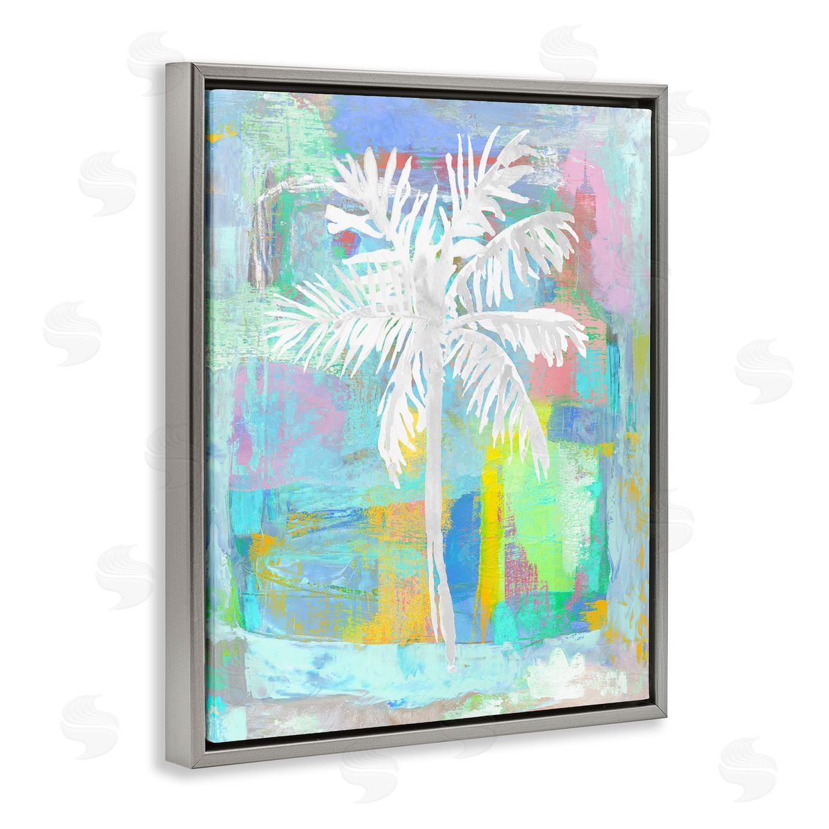 Kristen Drew Tropical White Palm Tree Vivid Brushstrokes Abstract Gray Floating Frame Canvas Wall Art Print