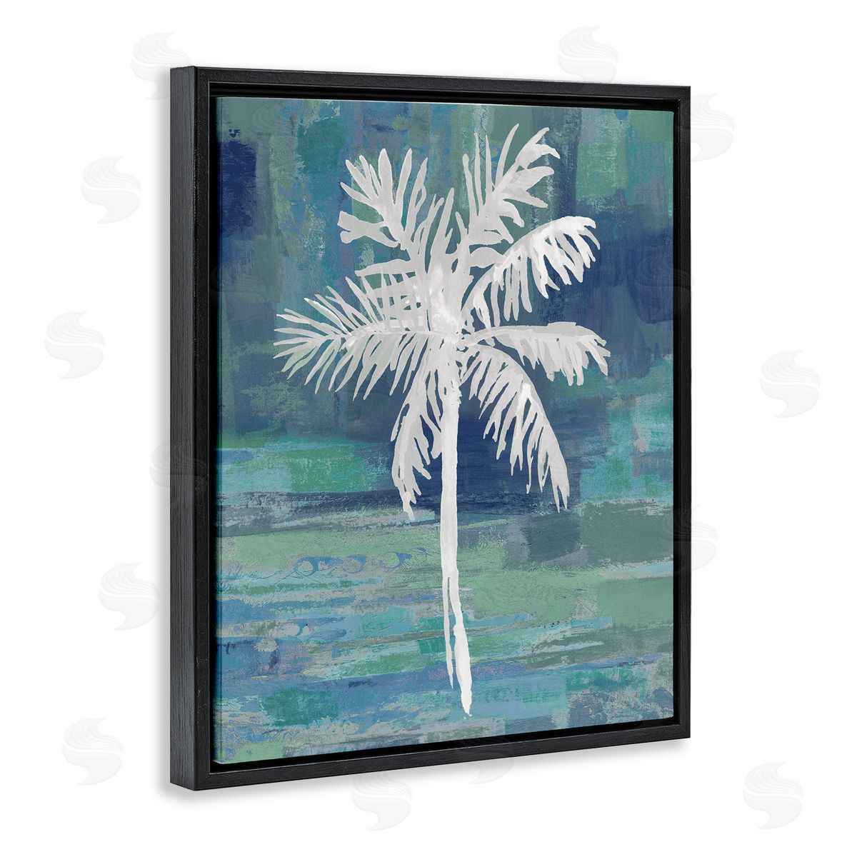 Kristen Drew White Palm Tree Leaves Abstract Green  Black Floating Frame Canvas Wall Art Print