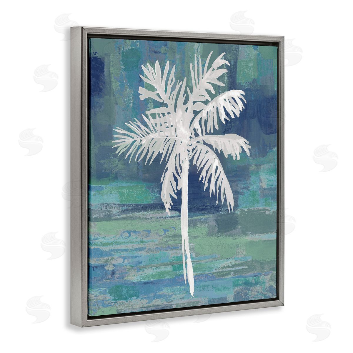 Kristen Drew White Palm Tree Leaves Abstract Green  Gray Floating Frame Canvas Wall Art Print