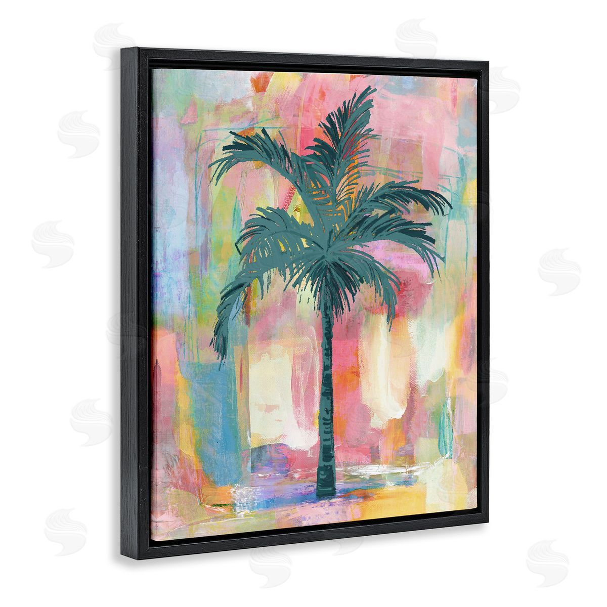 Kristen Drew Tropical Palm Tree Abstract Pink Yellow  Black Floating Frame Canvas Wall Art Print