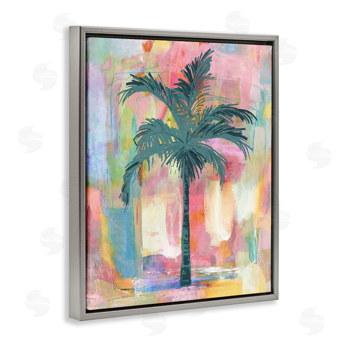 Kristen Drew Tropical Palm Tree Abstract Pink Yellow  Gray Floating Frame Canvas Wall Art Print