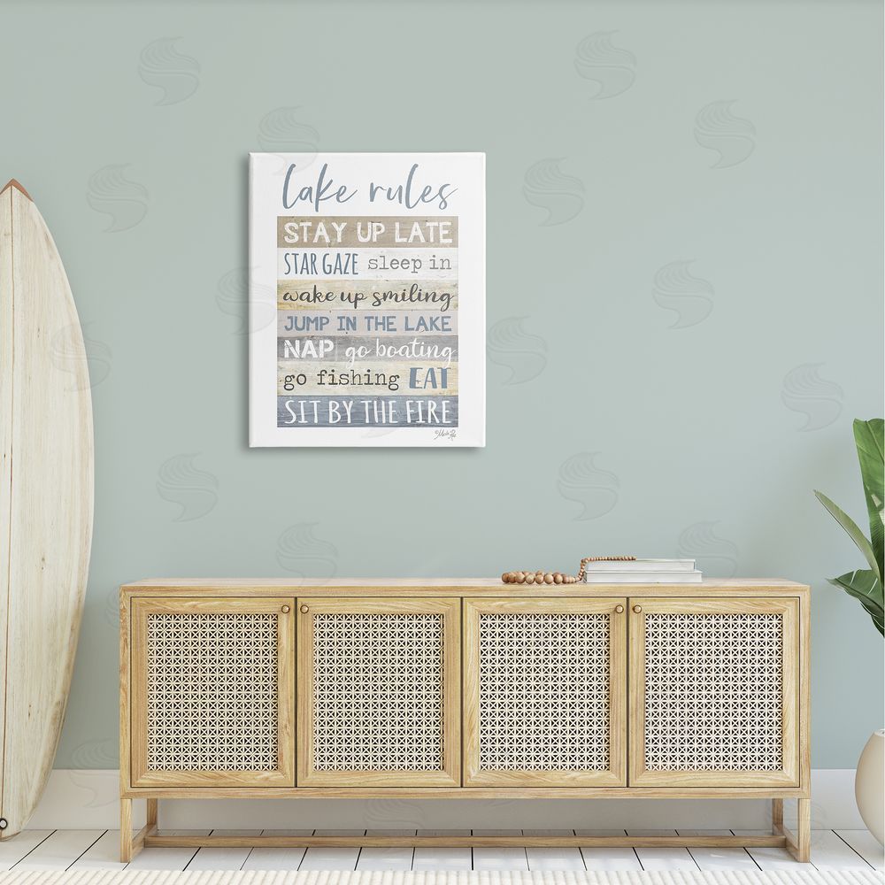 Marla Rae Lake Rules Typography Rustic Vacation Cabin Sign  Canvas Wall Art Print in Room