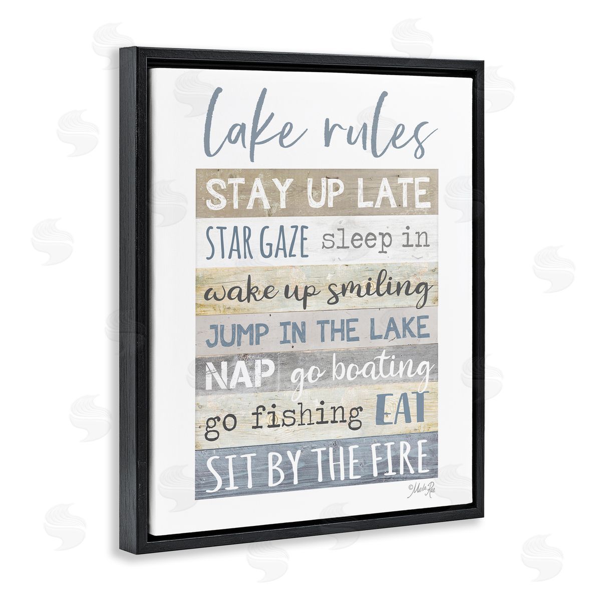 Marla Rae Lake Rules Typography Rustic Vacation Cabin Sign  Black Floating Frame Canvas Wall Art Print