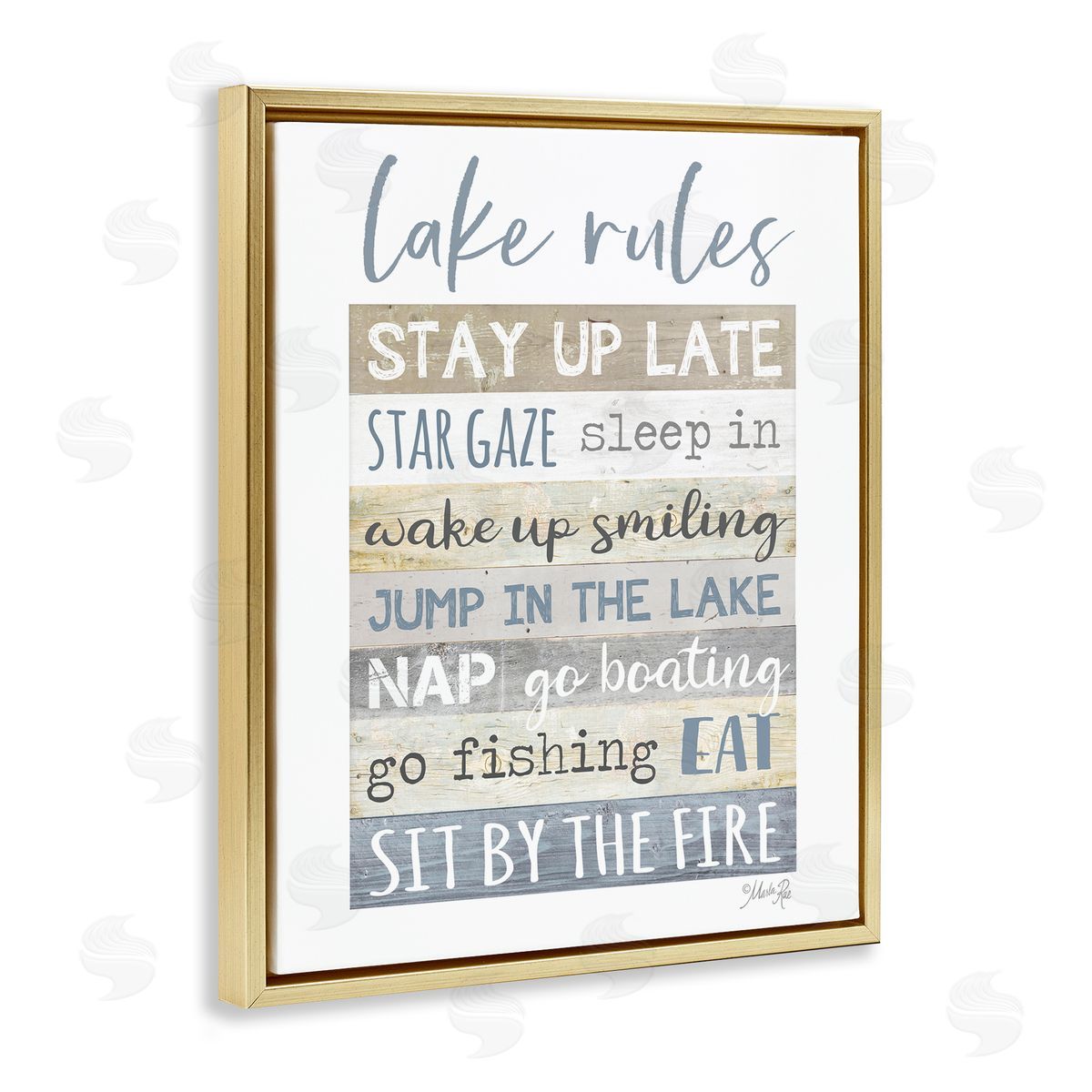 Marla Rae Lake Rules Typography Rustic Vacation Cabin Sign  Gold Floating Frame Canvas Wall Art Print