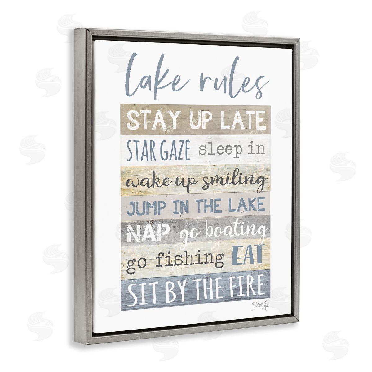 Marla Rae Lake Rules Typography Rustic Vacation Cabin Sign  Gray Floating Frame Canvas Wall Art Print
