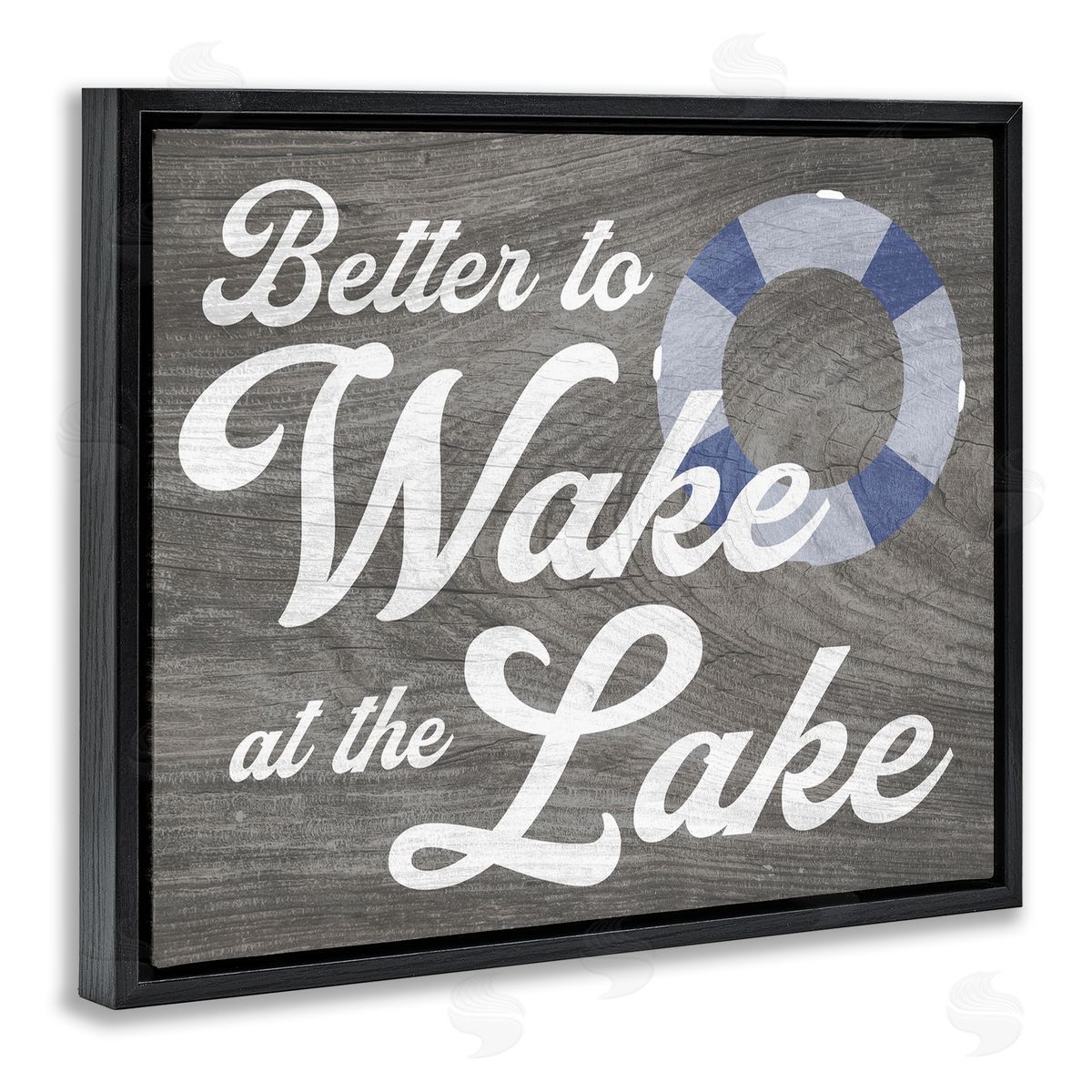 Stupell Studio Wake at Lake Rustic Cabin Sign Life Preserver Ring Black Floating Frame Canvas Wall Art Print