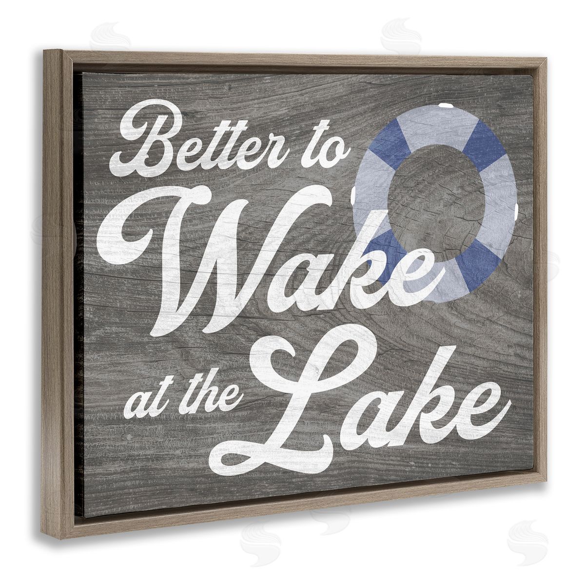 Stupell Studio Wake at Lake Rustic Cabin Sign Life Preserver Ring Brown Floating Frame Canvas Wall Art Print