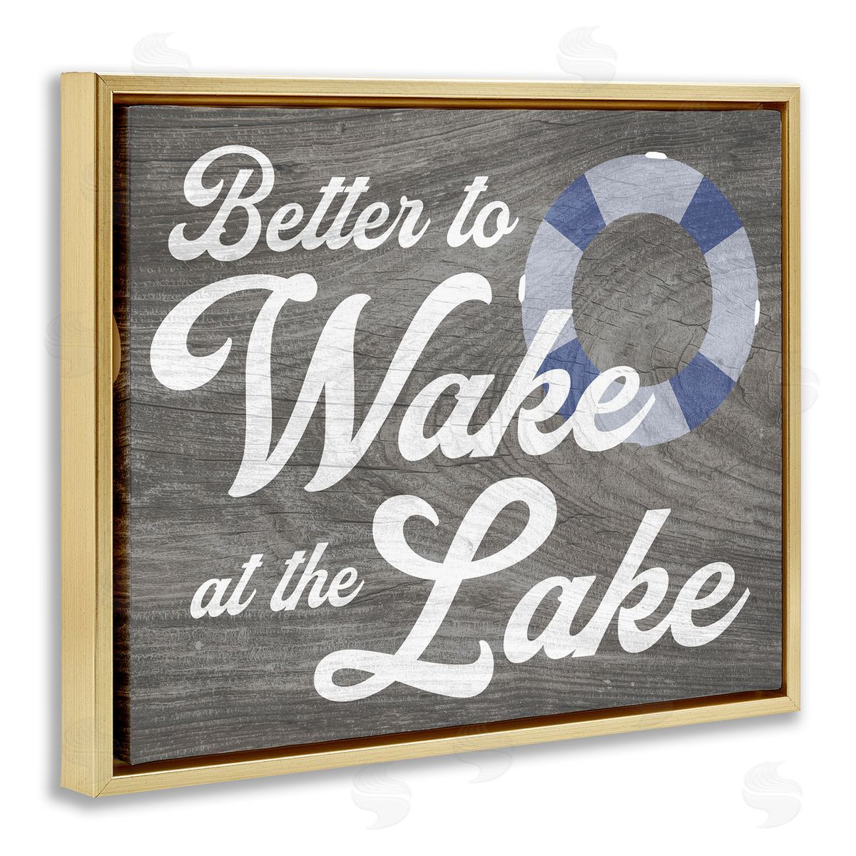 Stupell Studio Wake at Lake Rustic Cabin Sign Life Preserver Ring Gold Floating Frame Canvas Wall Art Print