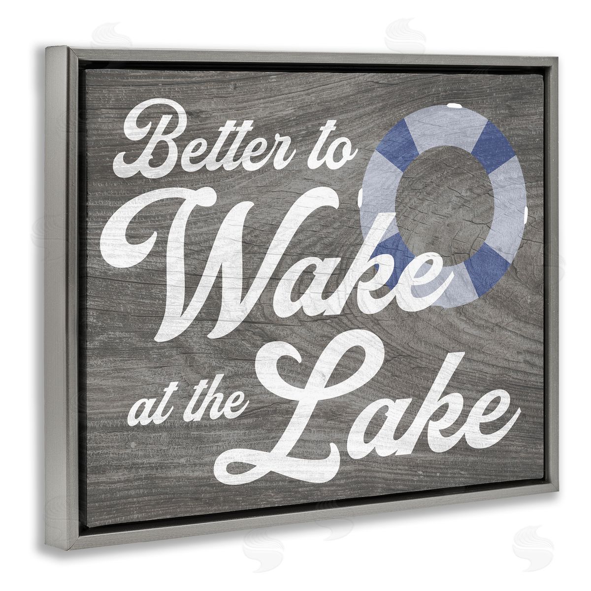 Stupell Studio Wake at Lake Rustic Cabin Sign Life Preserver Ring Gray Floating Frame Canvas Wall Art Print