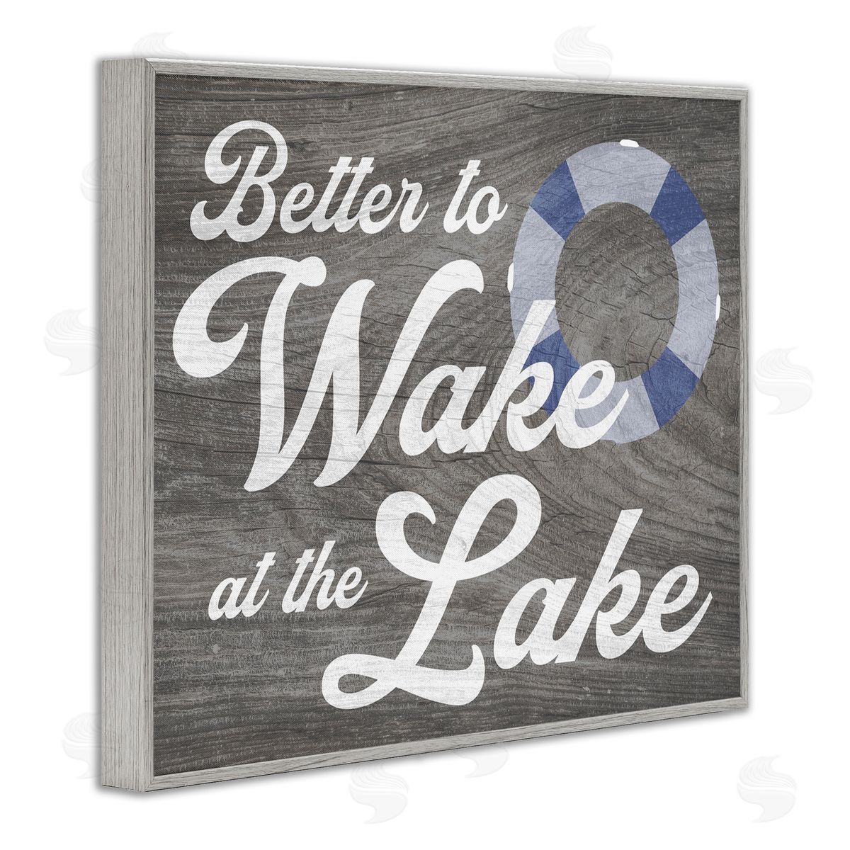 Stupell Studio Wake at Lake Rustic Cabin Sign Life Preserver Ring Gray Framed Giclee Wall Art Print