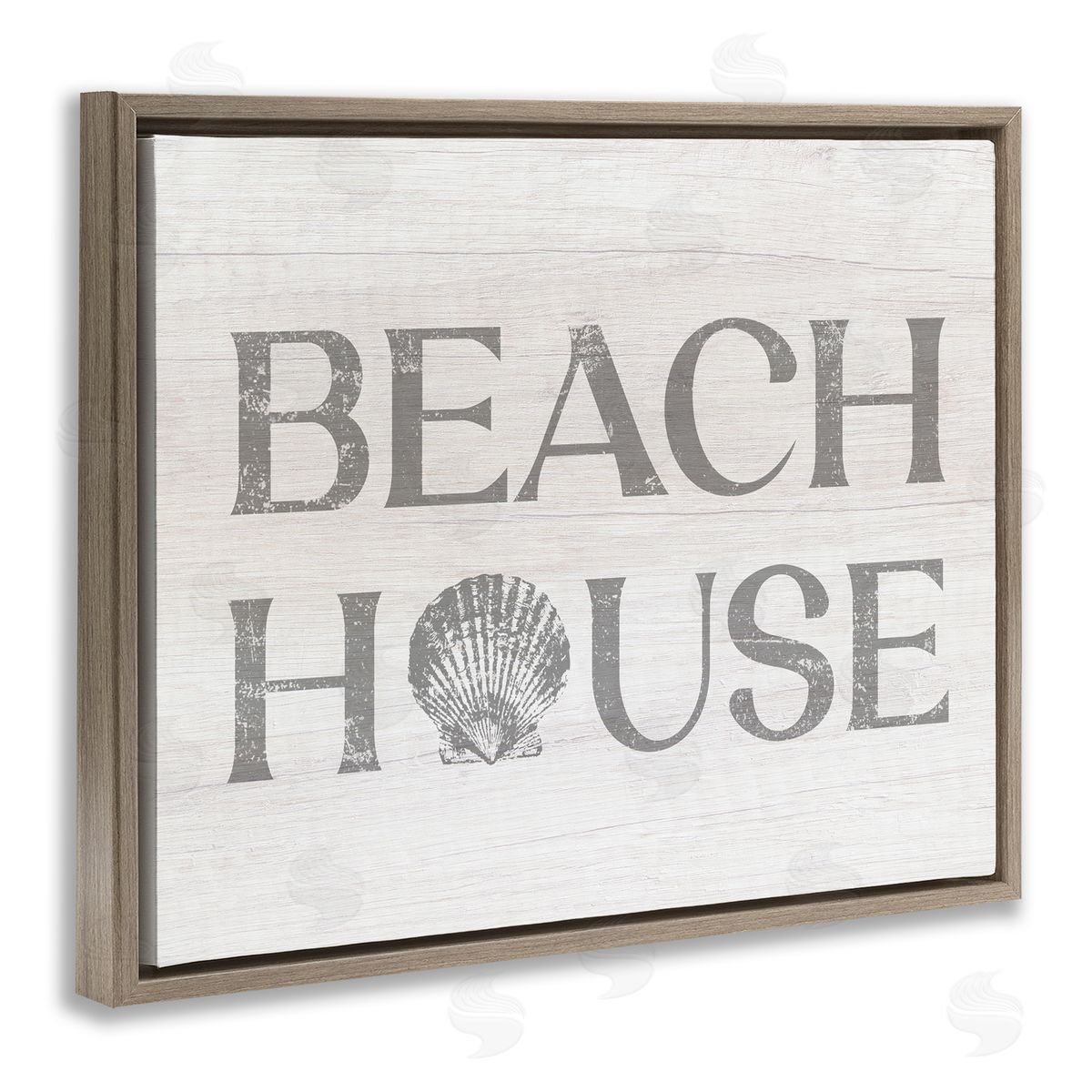 Stupell Studio Beach House Text Vintage Clam Seashell Brown Floating Frame Canvas Wall Art Print