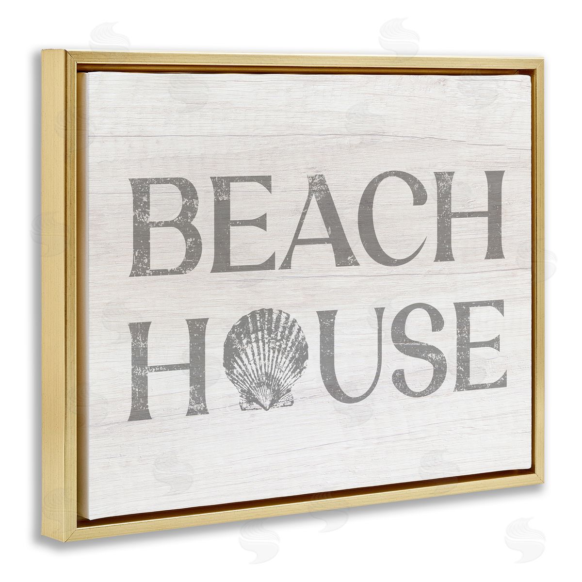Stupell Studio Beach House Text Vintage Clam Seashell Gold Floating Frame Canvas Wall Art Print