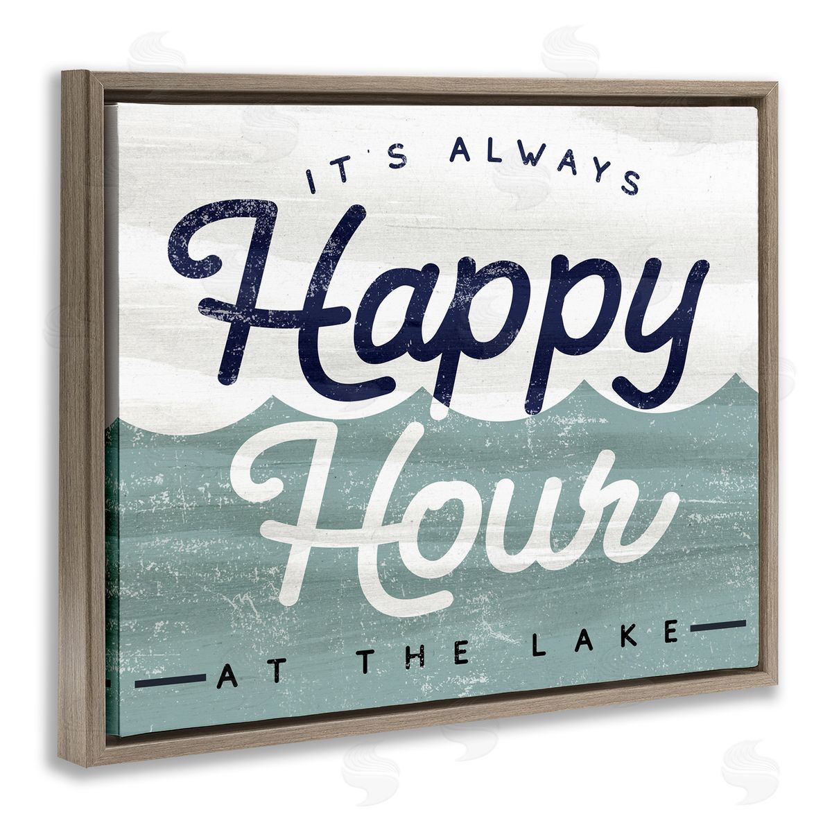 Stupell Studio Always Happy Hour Vintage Lake House Wave Signage Brown Floating Frame Canvas Wall Art Print