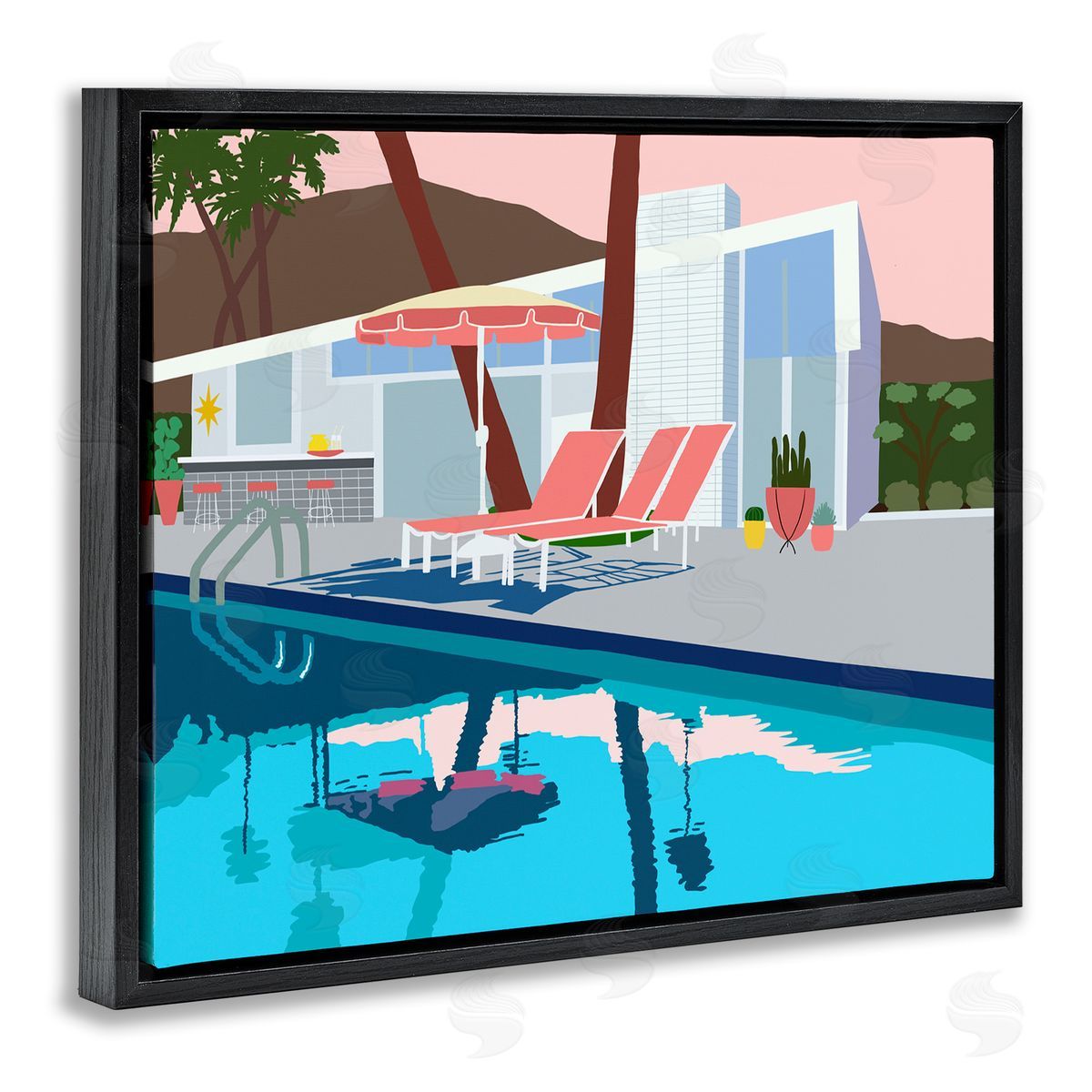 Jen Bucheli Modern Tropical Vacation Home Poolside Lounge Chairs Black Floating Frame Canvas Wall Art Print