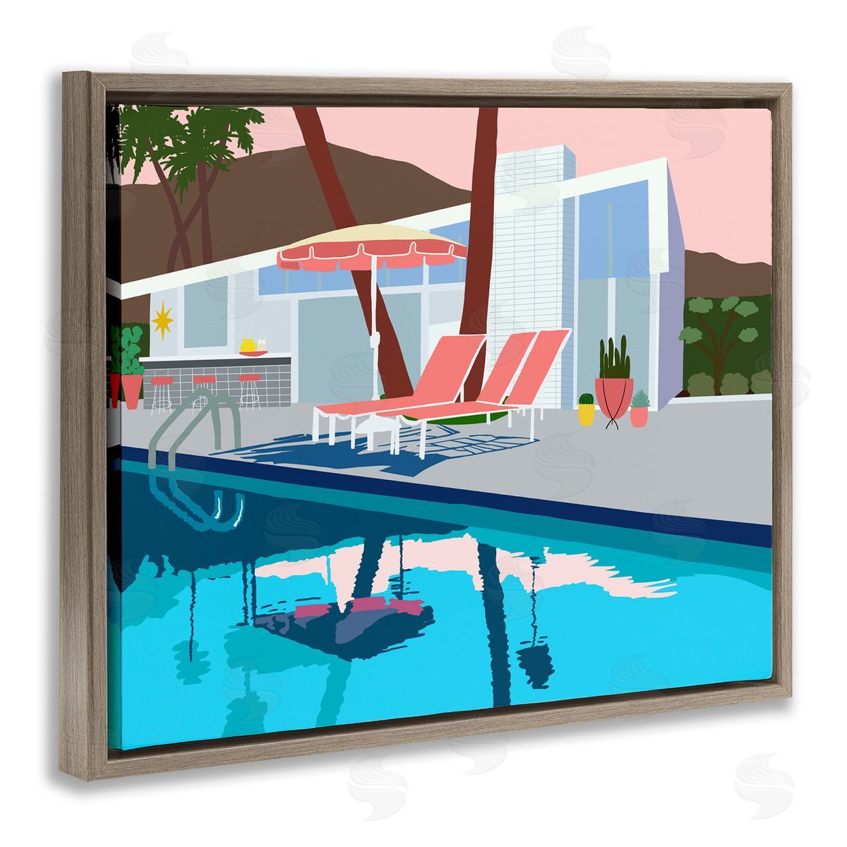 Jen Bucheli Modern Tropical Vacation Home Poolside Lounge Chairs Brown Floating Frame Canvas Wall Art Print