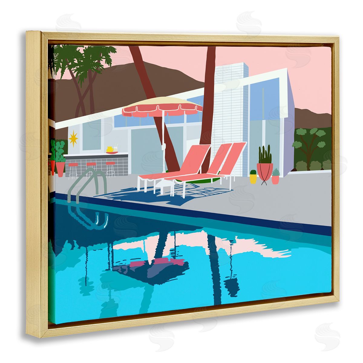 Jen Bucheli Modern Tropical Vacation Home Poolside Lounge Chairs Gold Floating Frame Canvas Wall Art Print