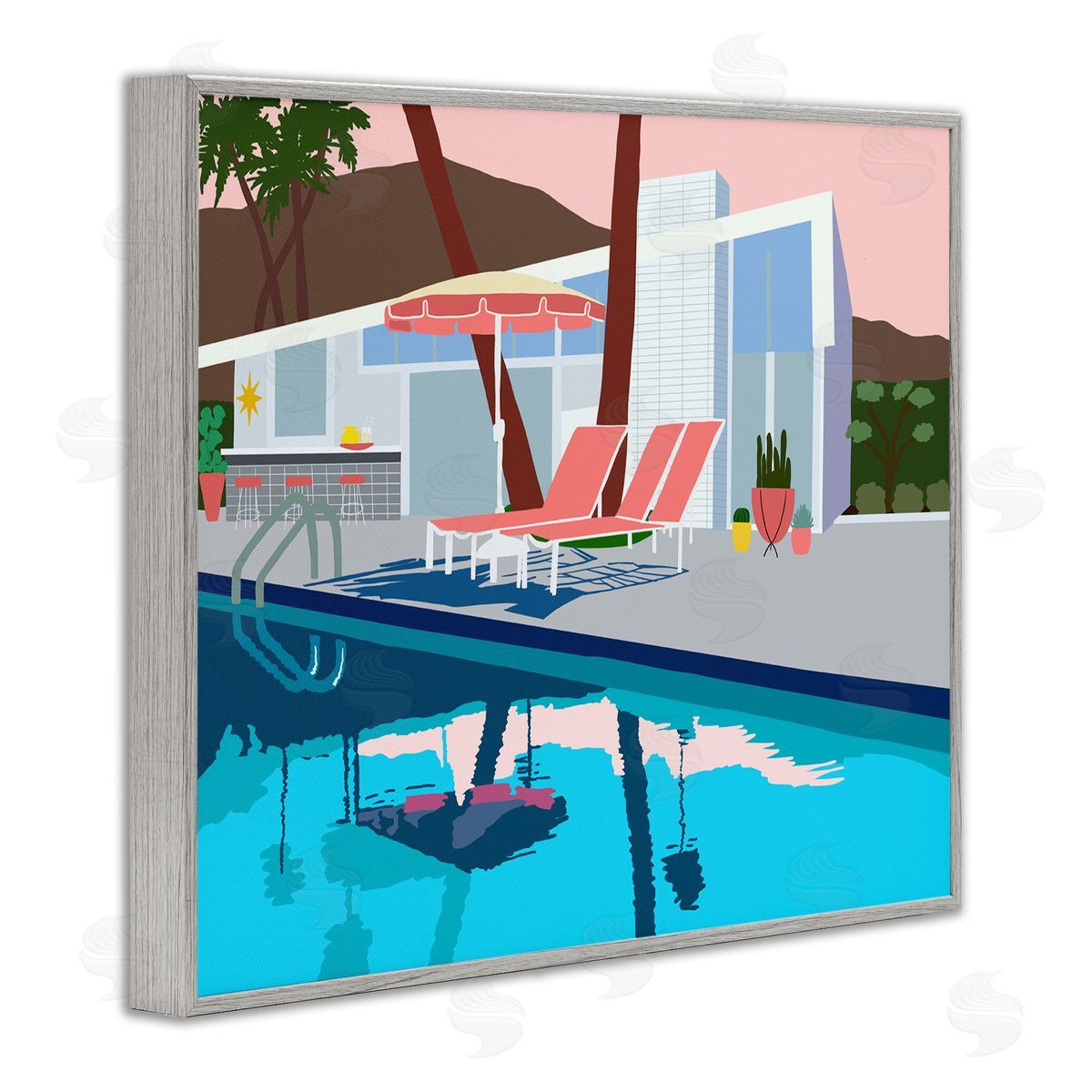 Jen Bucheli Modern Tropical Vacation Home Poolside Lounge Chairs Gray Framed Giclee Wall Art Print