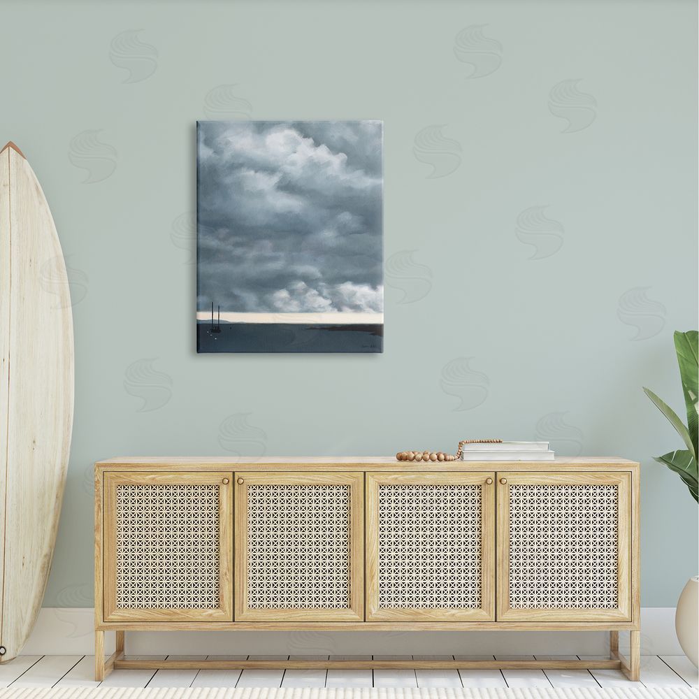 Jen Eitel Heavy Overcast Clouds Looming Ocean Water Boat  Canvas Wall Art Print in Room
