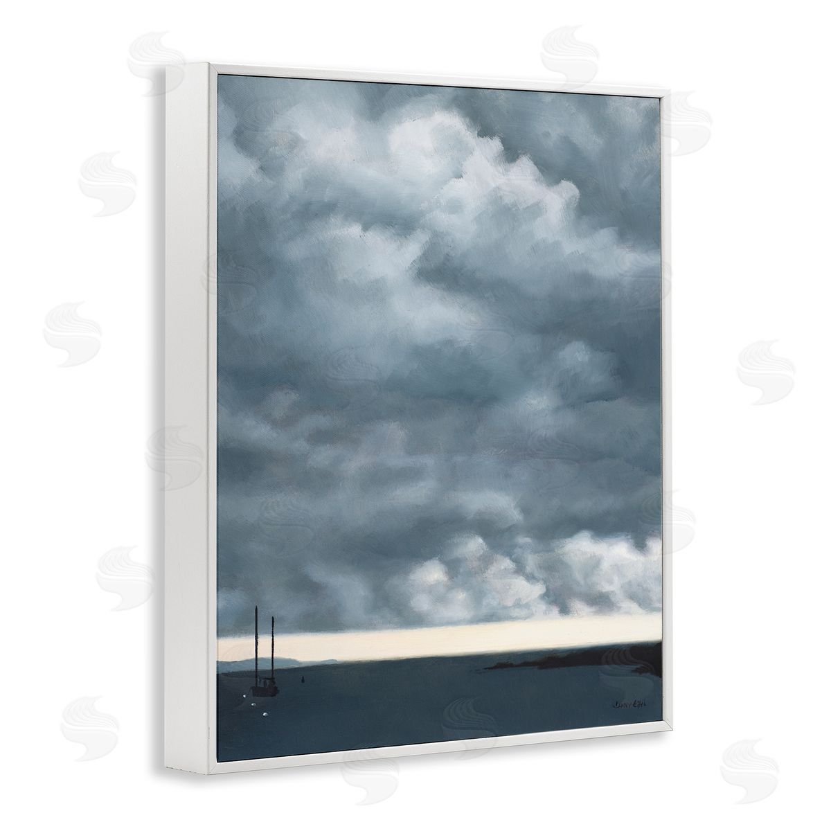 Jen Eitel Heavy Overcast Clouds Looming Ocean Water Boat  White Framed Giclee Wall Art Print