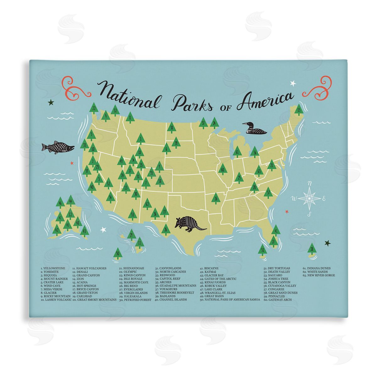 Abi Hall American National Parks Detailed Informative Map Diagram Stretched Canvas Wall Art Print