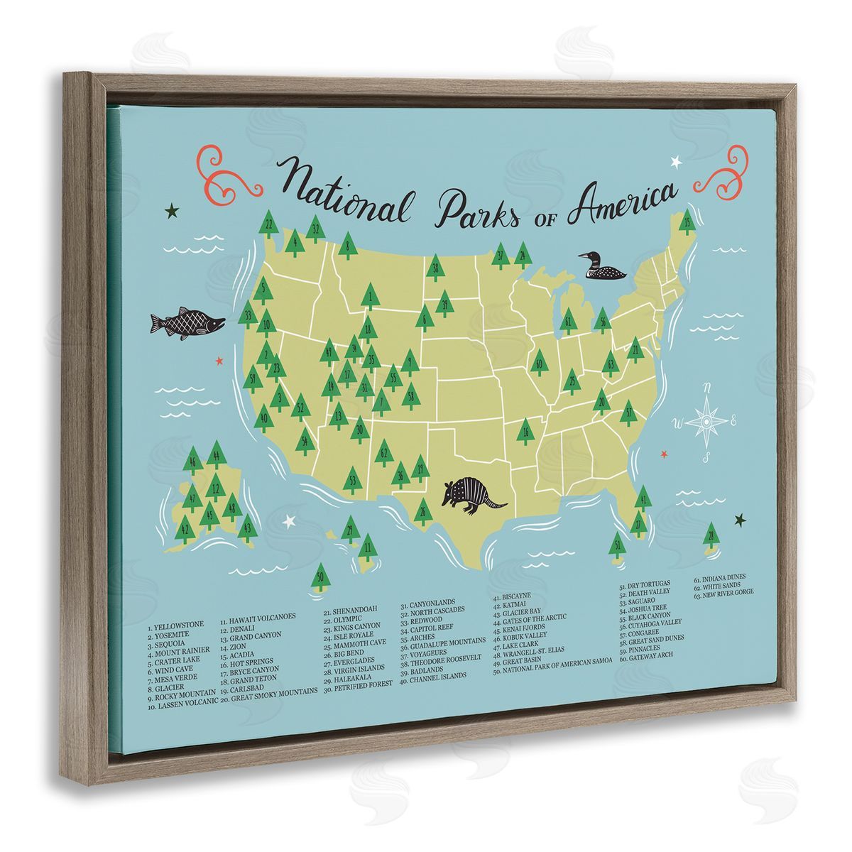 Abi Hall American National Parks Detailed Informative Map Diagram Brown Floating Frame Canvas Wall Art Print