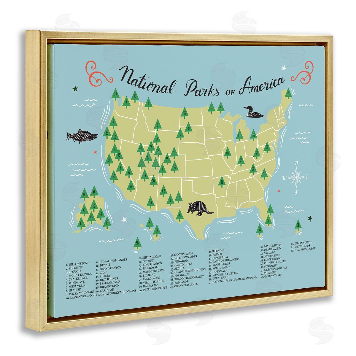 Abi Hall American National Parks Detailed Informative Map Diagram Gold Floating Frame Canvas Wall Art Print