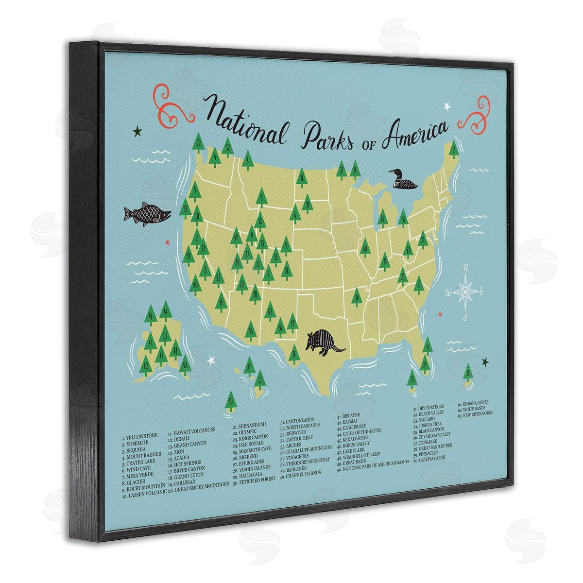 Abi Hall American National Parks Detailed Informative Map Diagram Black Framed Giclee Wall Art Print