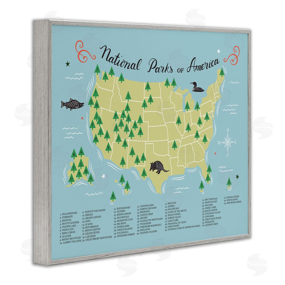 Abi Hall American National Parks Detailed Informative Map Diagram Gray Framed Giclee Wall Art Print