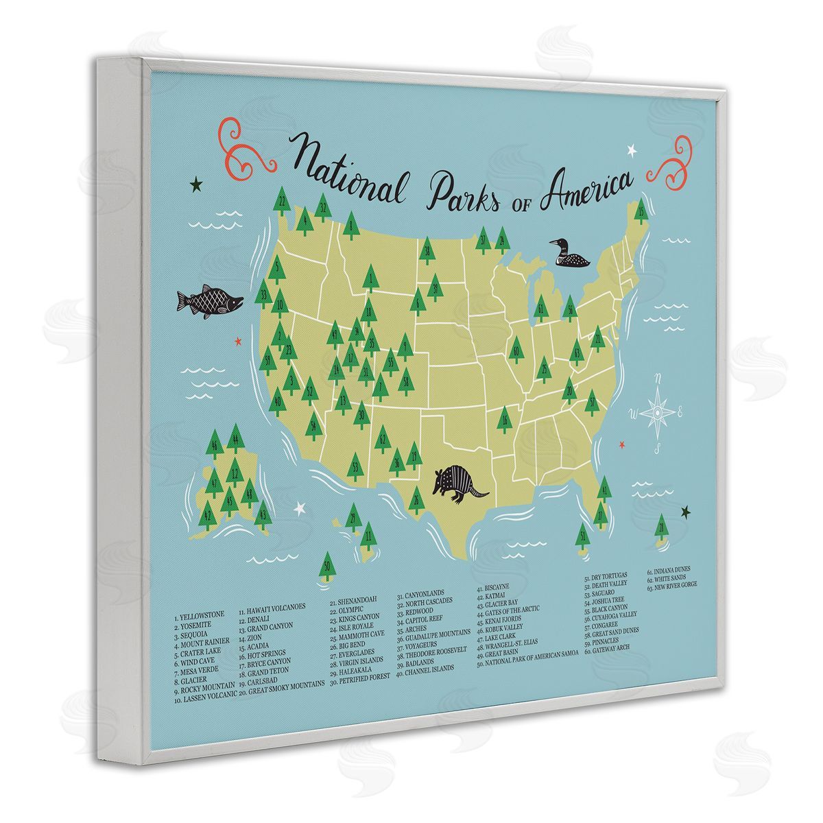 Abi Hall American National Parks Detailed Informative Map Diagram White Framed Giclee Wall Art Print