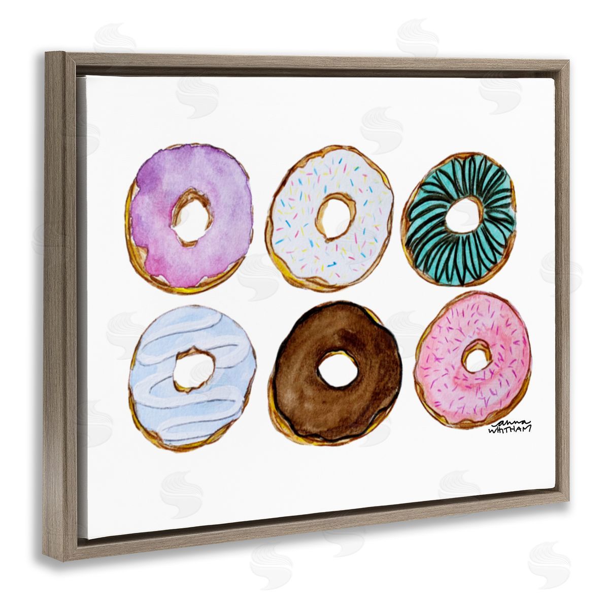 Anna Whitham Various Trendy Frosted Sprinkled Donuts Pastries Dessert Brown Floating Frame Canvas Wall Art Print