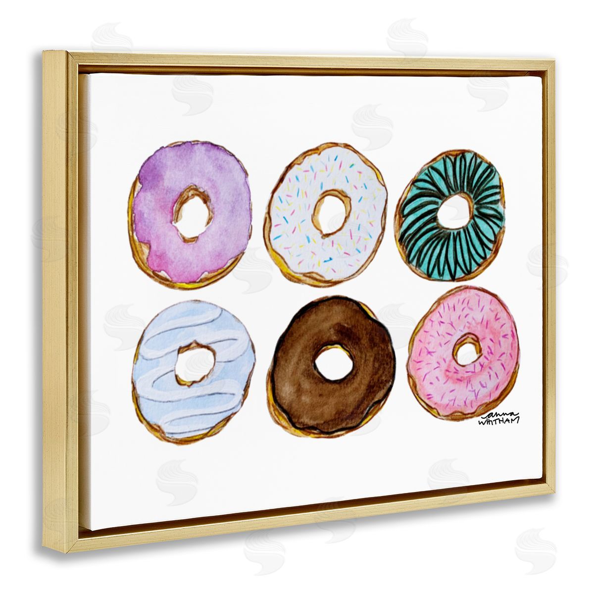 Anna Whitham Various Trendy Frosted Sprinkled Donuts Pastries Dessert Gold Floating Frame Canvas Wall Art Print