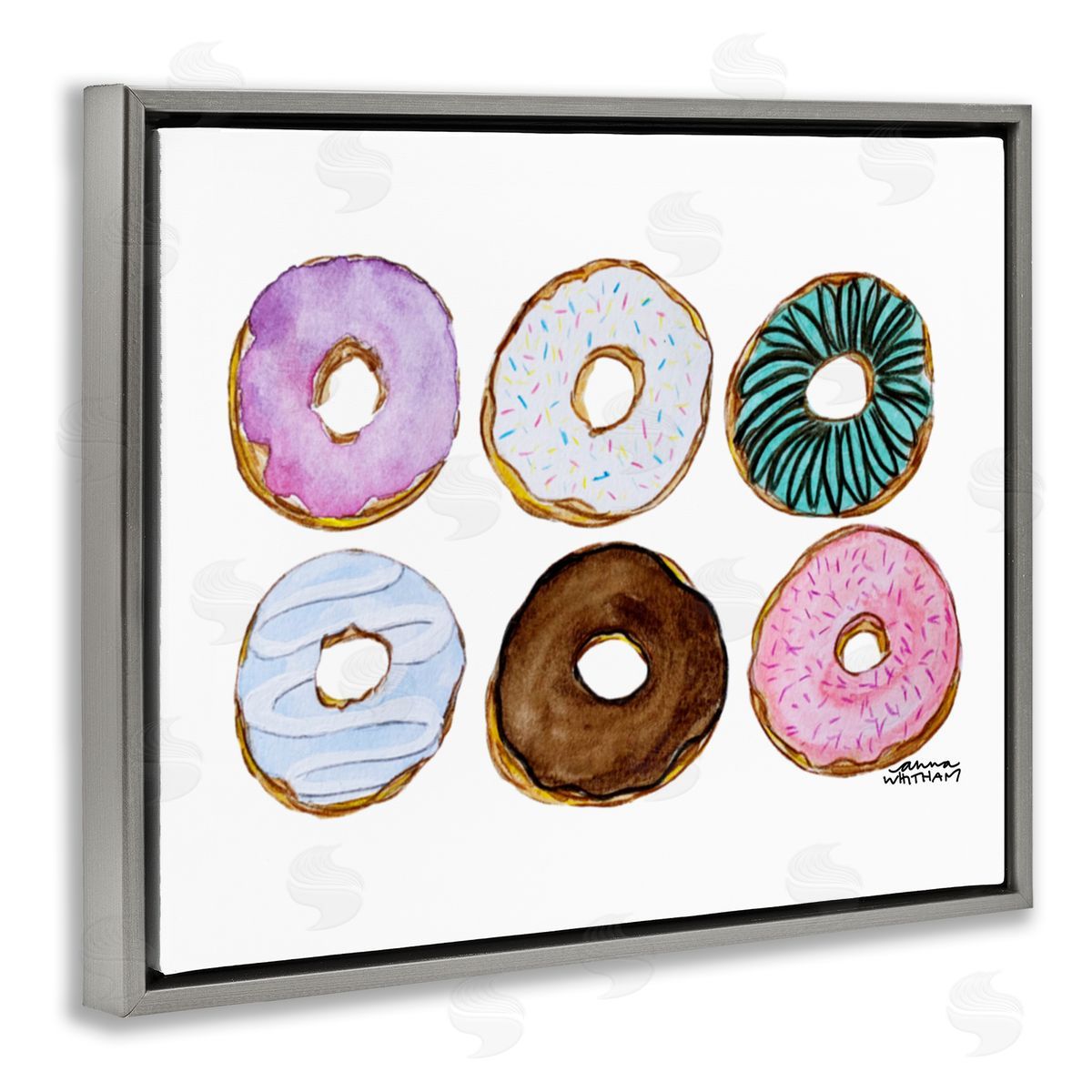 Anna Whitham Various Trendy Frosted Sprinkled Donuts Pastries Dessert Gray Floating Frame Canvas Wall Art Print