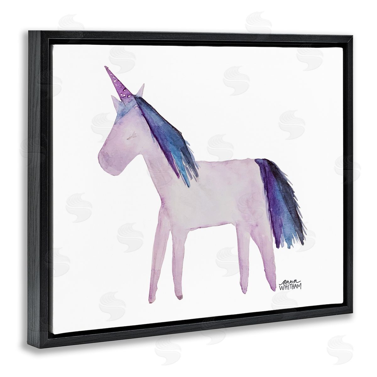 Anna Whitham Purple Fantasy Unicorn Pony Watercolor Effect Painting Black Floating Frame Canvas Wall Art Print