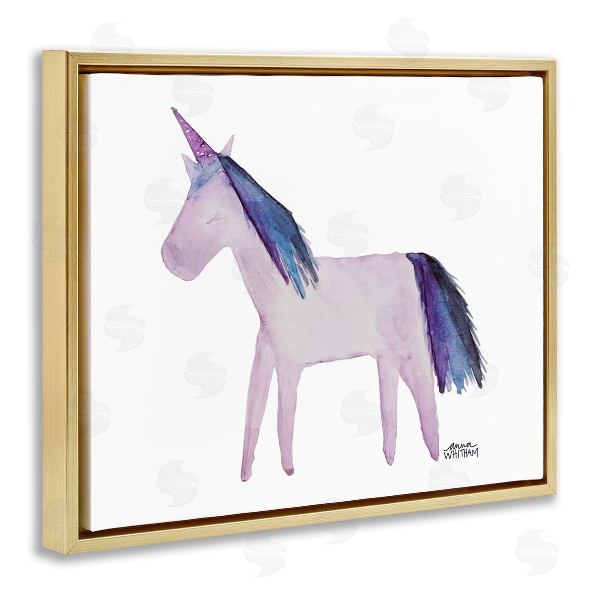 Anna Whitham Purple Fantasy Unicorn Pony Watercolor Effect Painting Gold Floating Frame Canvas Wall Art Print