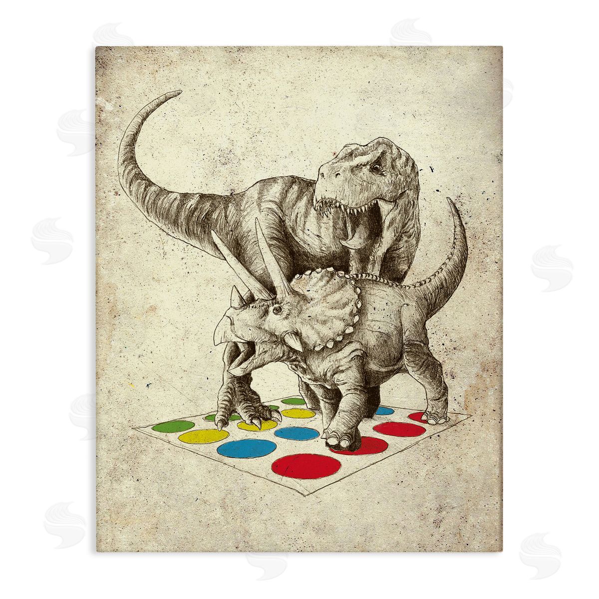 Michael Buxton Humorous Dinosaurs Playing Quirky Game Vintage Effect Stretched Canvas Wall Art Print