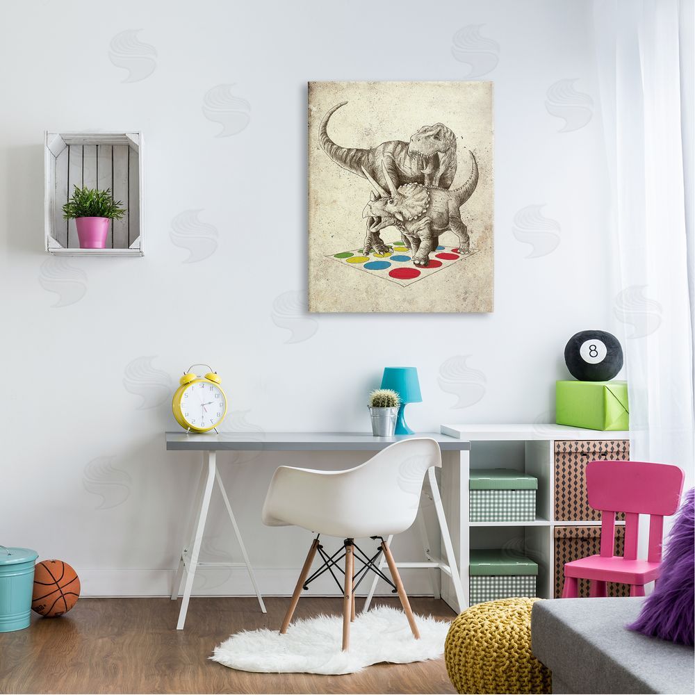 Michael Buxton Humorous Dinosaurs Playing Quirky Game Vintage Effect Canvas Wall Art Print in Room