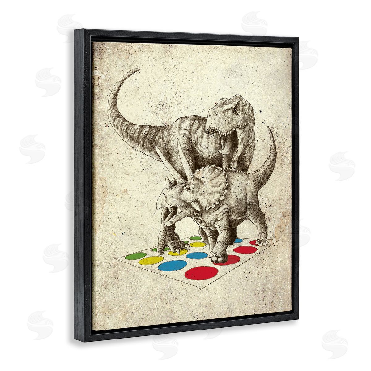 Michael Buxton Humorous Dinosaurs Playing Quirky Game Vintage Effect Black Floating Frame Canvas Wall Art Print