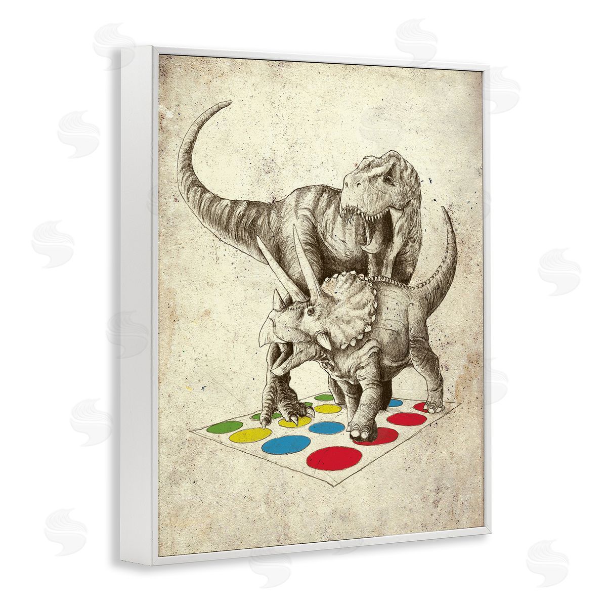 Michael Buxton Humorous Dinosaurs Playing Quirky Game Vintage Effect White Framed Giclee Wall Art Print